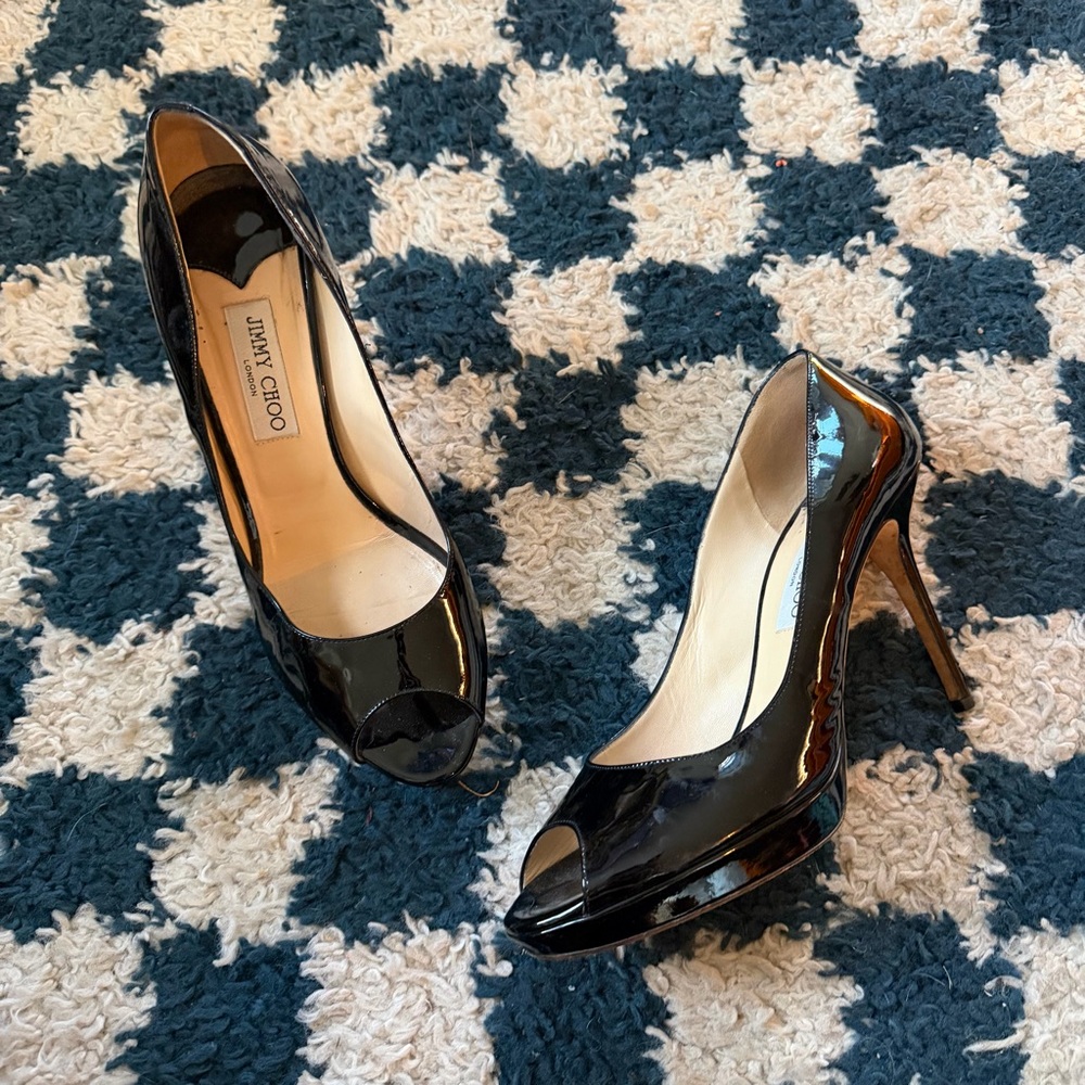 Jimmy Choo Black Patent Leather Peep-Toe Heels 41